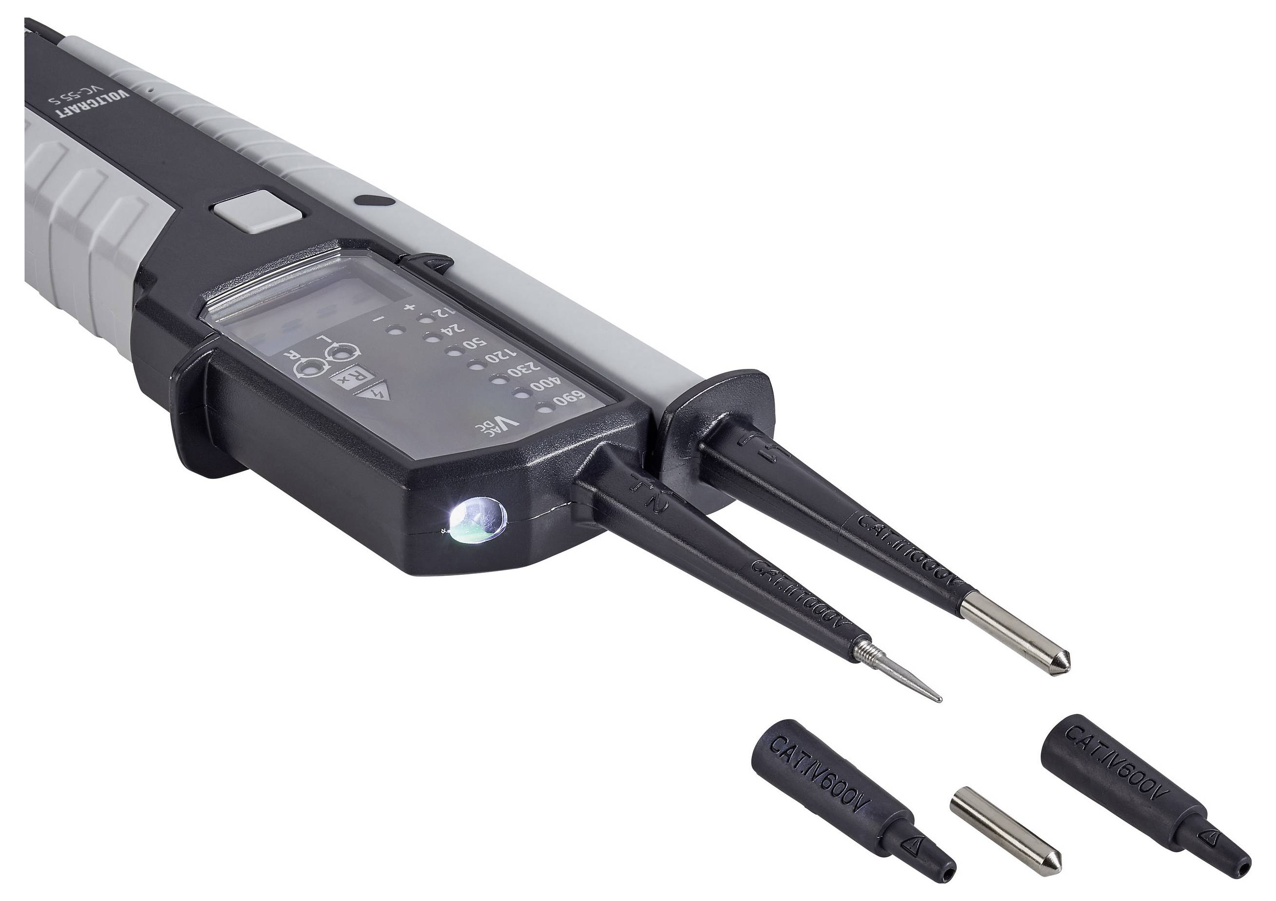 Ein digitales Multimeter mit abgenommenen Messleitungen und Abdeckungen, aus einem Seitenwinkel dargestellt, wobei das Display und die Messmöglichkeiten hervorgehoben werden.