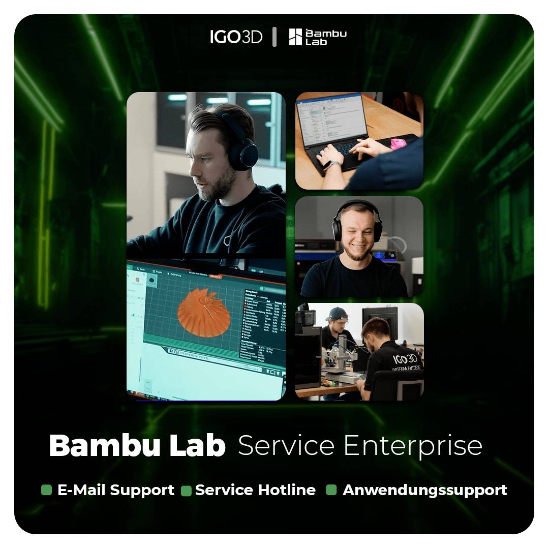 'Bambu Lab Service Enterprise' mit drei Mitarbeiterbildern, die Supporttätigkeiten zeigen. Text darunter: 'E-Mail-Support', 'Service-Hotline', 'Anwendungssupport'.