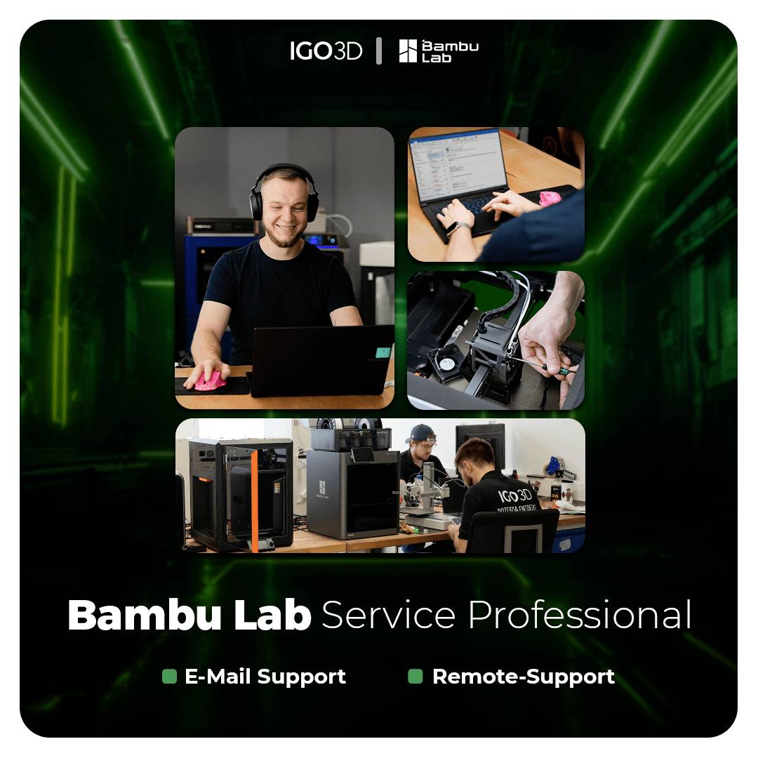 Das Bild zeigt eine Werbegrafik für 'Bambu Lab Service Professional' mit einem lächelnden Mann an einem Schreibtisch, Technikern, die an 3D-Druckern arbeiten, sowie Icons für 'E-Mail-Support' und 'Fernwartung'.