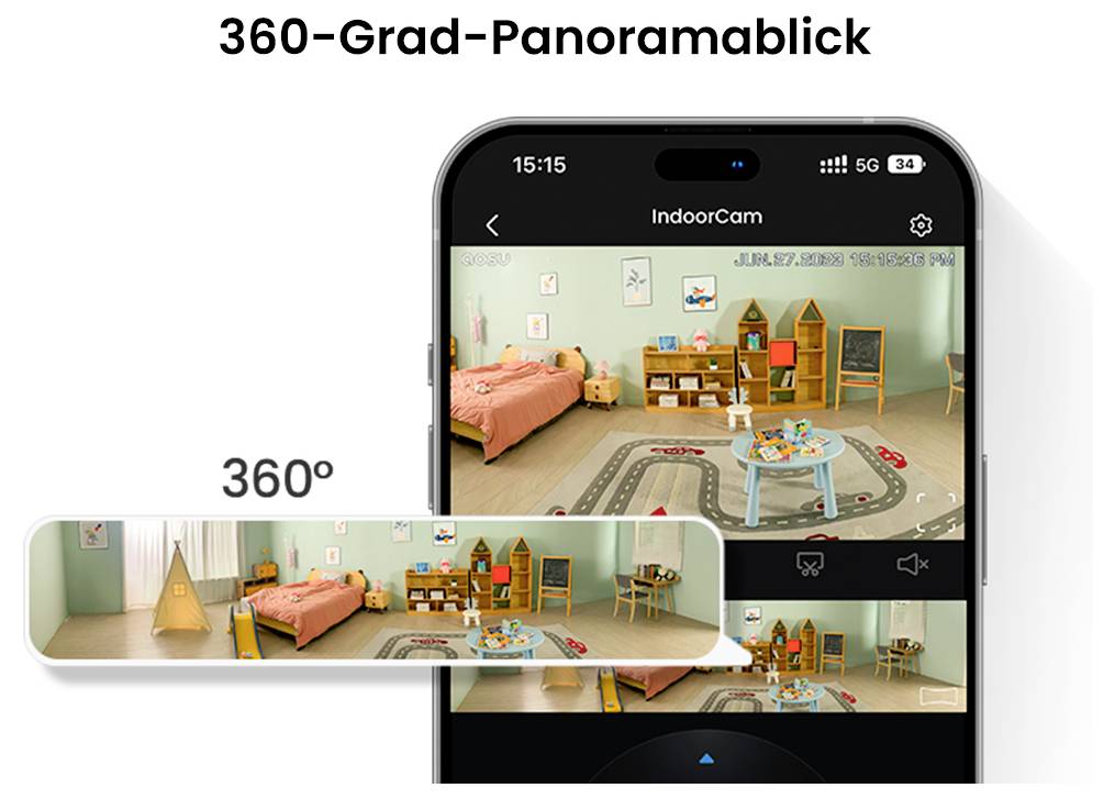 Ein Raum, der mit einer 360-Grad-Innenkamera aufgenommen wurde und einen Kinderspielbereich mit einem Bett, einer Spielmatte, einem kleinen Tisch und Regalen hervorhebt.