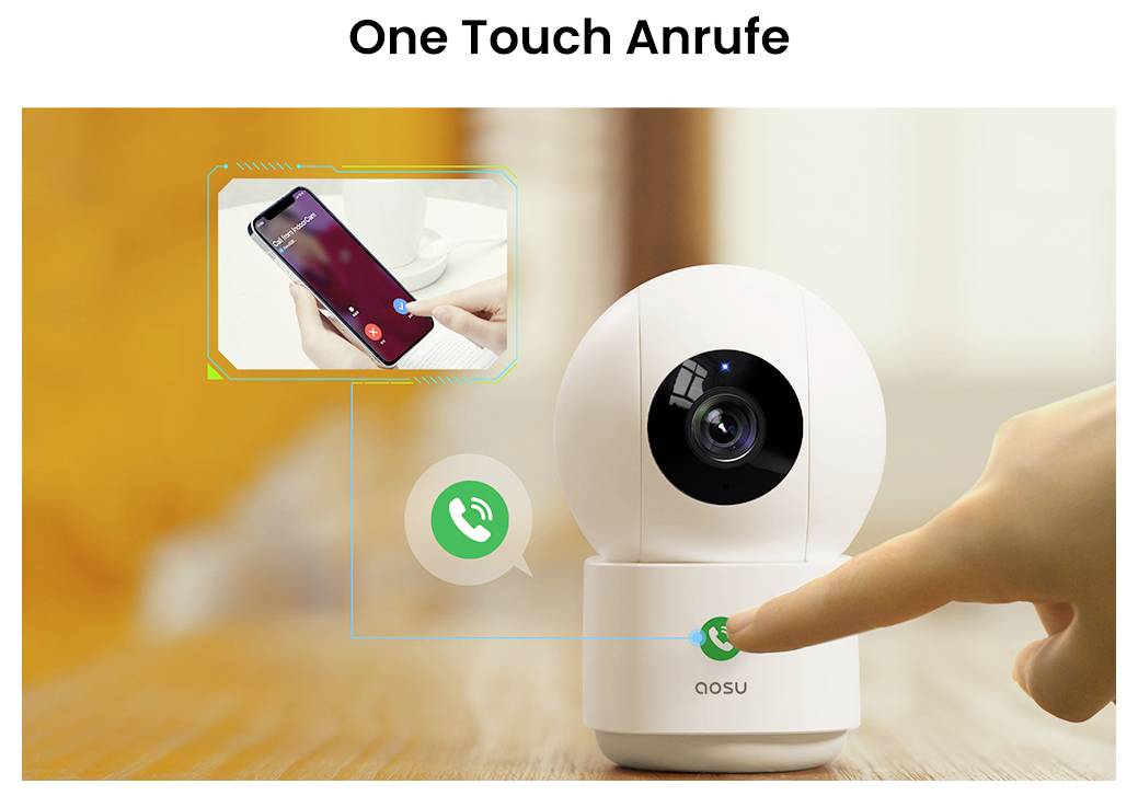 Ein weißes Telefon mit Anruf-Symbol, das gedrückt wird. Einblendung zeigt einen Telefonbildschirm mit einem laufenden Anruf. Beschriftung: One Touch Anrufe.