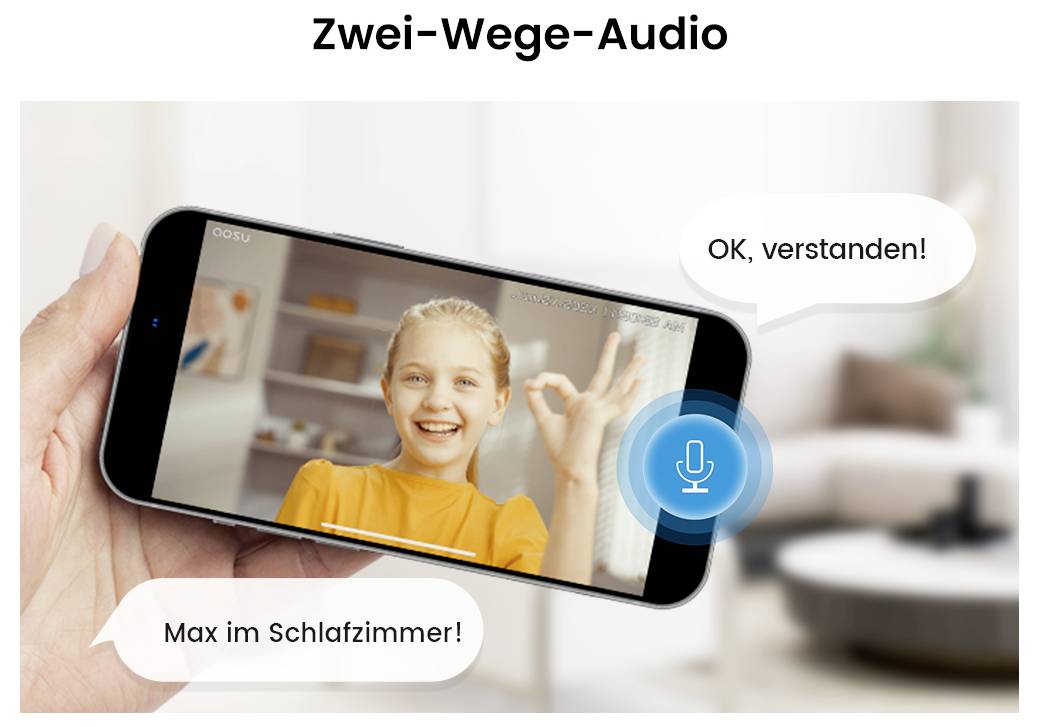 Eine Person in einem gelben Hemd ist auf einem Smartphone-Videobildschirm zu sehen und macht eine 'OK'-Geste. Sprechblasen: 'OK, verstanden!' und 'Max im Schlafzimmer!'.
