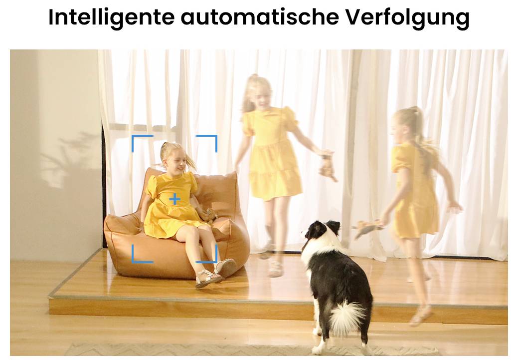 Ein junges Mädchen in einem gelben Kleid wird von einem intelligenten Trackingsystem fokussiert, während ein Hund ihr Spiel beobachtet und automatisches Tracking demonstriert.