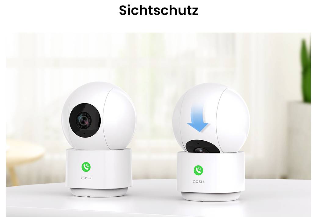 Zwei weiße Sicherheitskameras mit Datenschutzmodus-Funktion. Eine Kamera zeigt die Linse, während bei der anderen die Linse verdeckt ist, angedeutet durch einen blauen Abwärtspfeil.