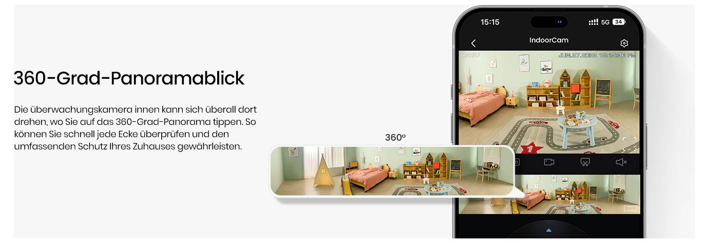 Ein Smartphone-Bildschirm zeigt einen 360-Grad-Panoramablick mit einem Raum, der eine rosa Couch, einen orangefarbenen Stuhl und einen Tisch präsentiert.