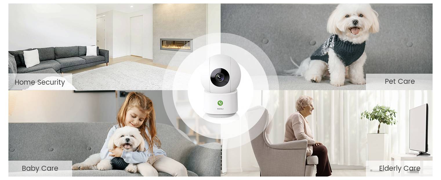 Eine Collage, die eine Sicherheitskamera in der Mitte zeigt, mit Segmenten, die Hausschutz, Haustierpflege, Babybetreuung und Seniorenpflege darstellen.