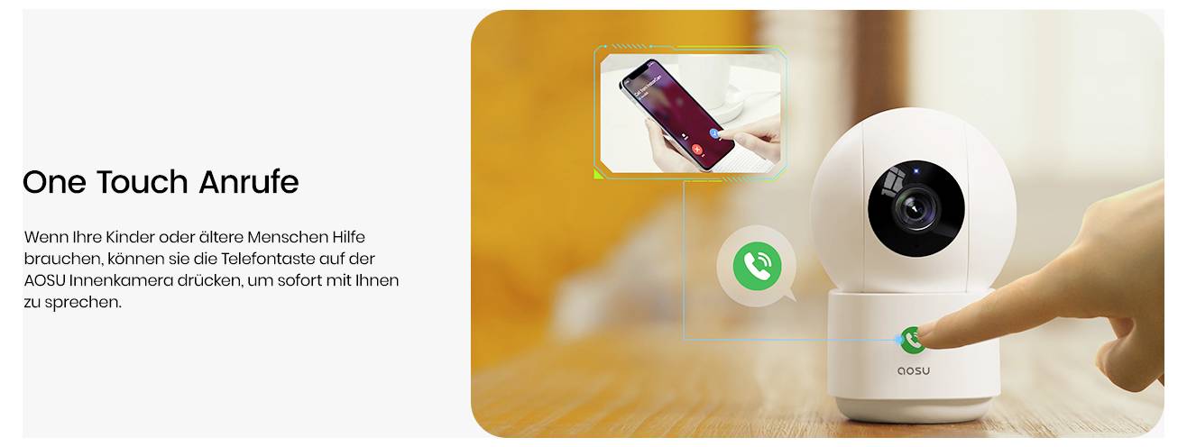'AOSU' Smartkamera auf einem Holztisch, während eine Person auf dessen Anruftaste zeigt. Der deutsche Text hebt dessen schnelle Kontaktfunktion hervor.