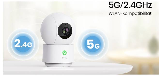 Sicherheitskamera mit Unterstützung für WLAN '5G/2,4GHz'. Zeigt Kompatibilitäts-Icons für '2,4G' und '5G'. Kamera steht auf einem Tisch im Innenbereich.