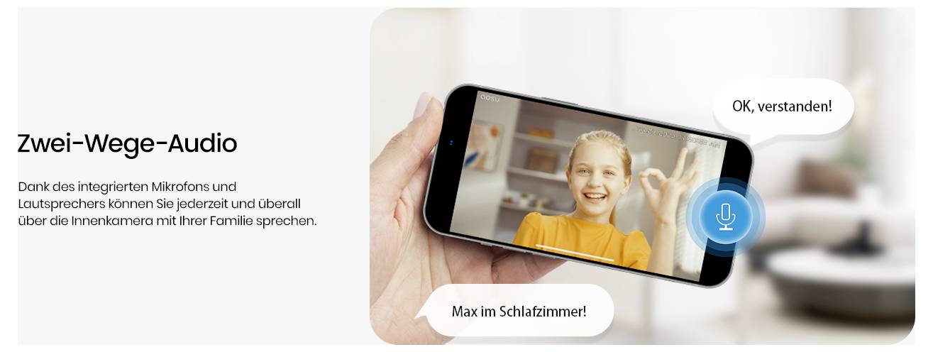 'Zwei-Wege-Audio'-Funktion wird mit einer lächelnden Person auf einem Telefonbildschirm gezeigt. Sprechblasen sagen 'OK, verstanden!' und 'Max im Schlafzimmer.'