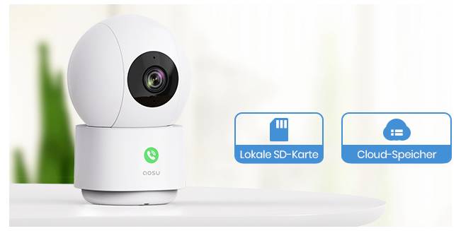 Eine weiße Sicherheitskamera mit modernem Design steht auf einer Oberfläche. Zwei Symbole zeigen Speichermöglichkeiten an: 'Lokale SD-Karte' und 'Cloud-Speicher'.