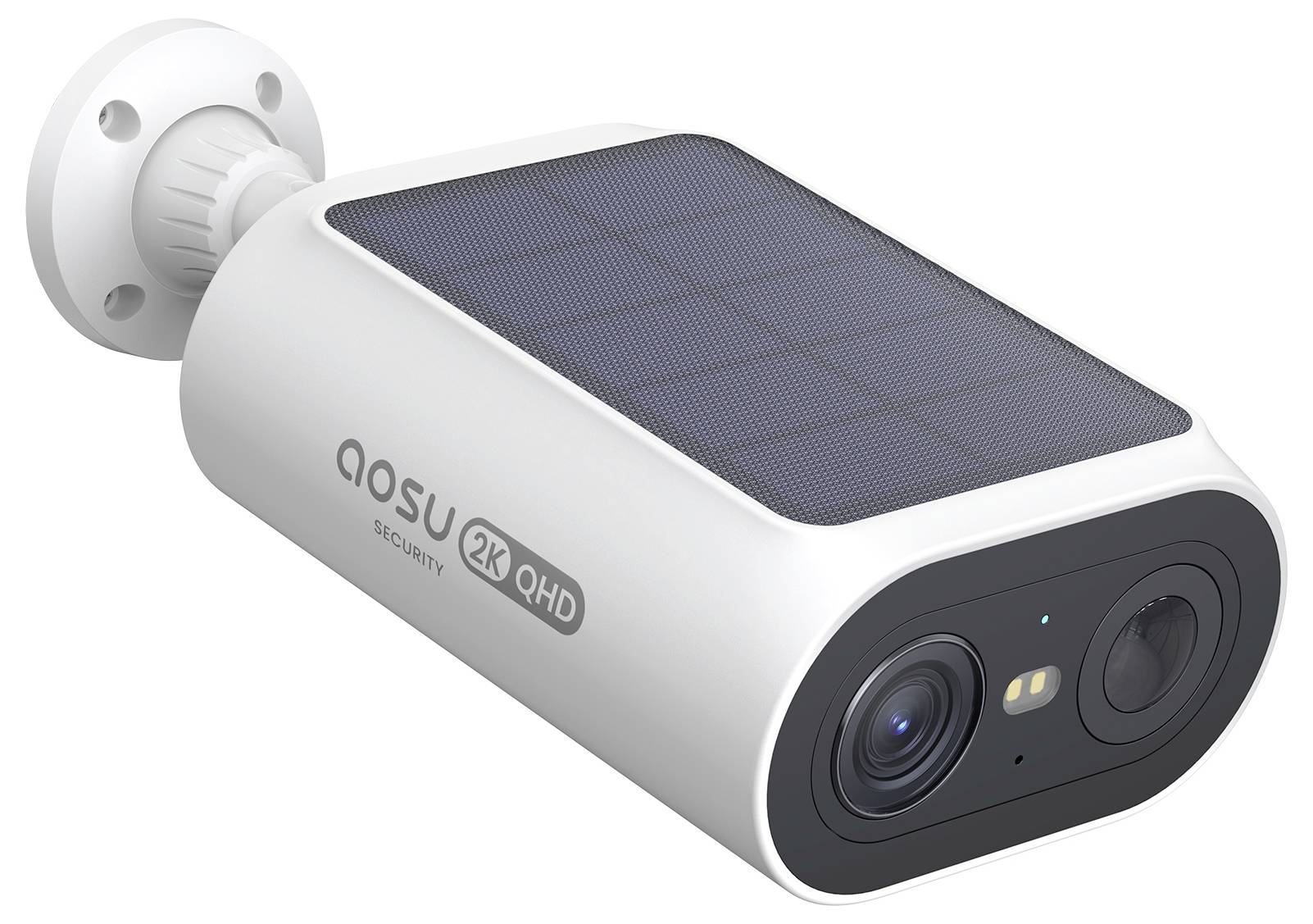 Eine weiße Sicherheitskamera mit Doppellinsen und dem Aufkleber '2K QHD', versehen mit einem schwarzen Solarpanel auf der Oberseite, speziell für den Außeneinsatz konzipiert.