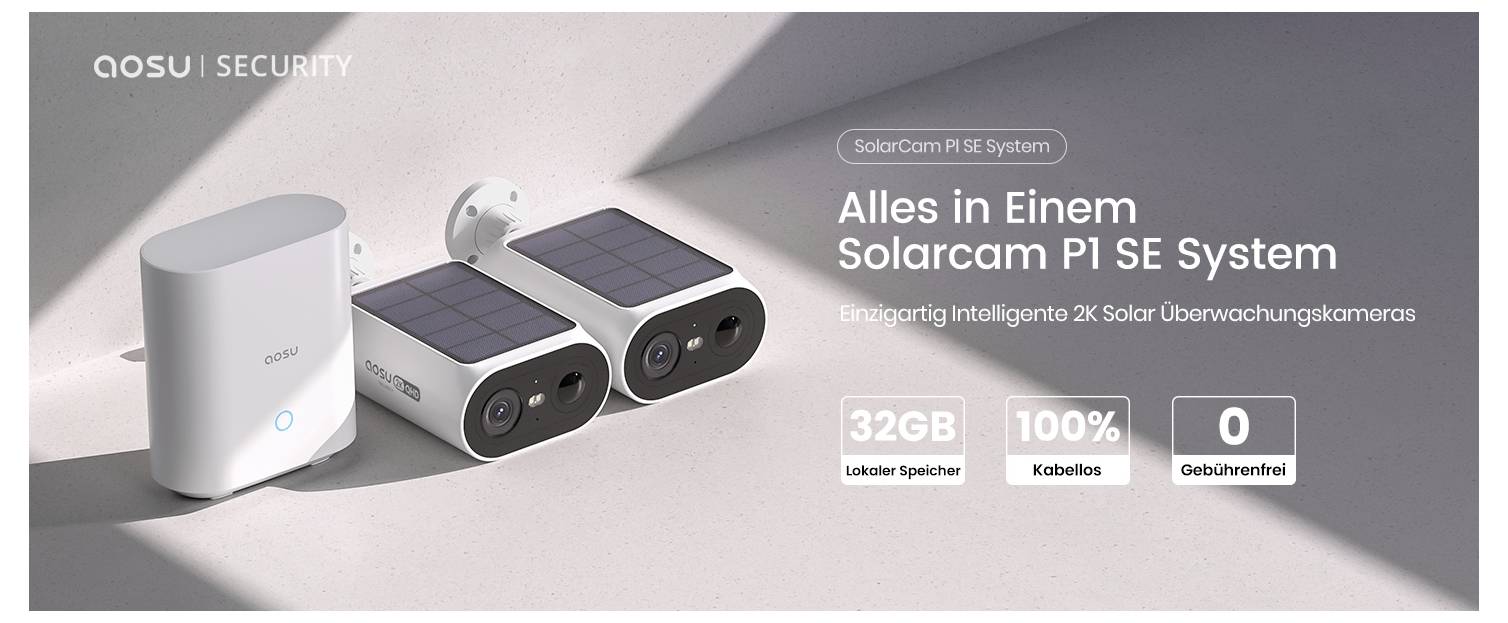 AOSU Security Solarcam P1 SE System gezeigt, mit zwei weißen solarbetriebenen Kameras. Funktionen umfassen 32 GB Speicher, 100% kabellos, keine Gebühren.