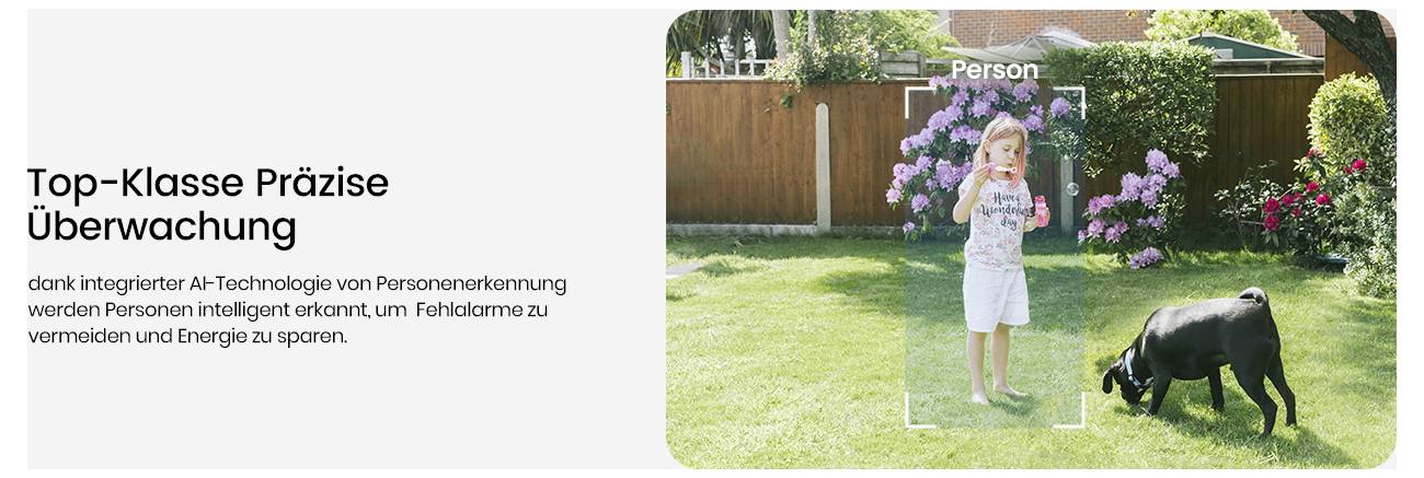 Top-Klasse Präzise Überwachung mit einem Kind im Garten, von der KI als ‚Person' identifiziert, und einem Hund in der Nähe. KI ermöglicht eine genaue Überwachung.