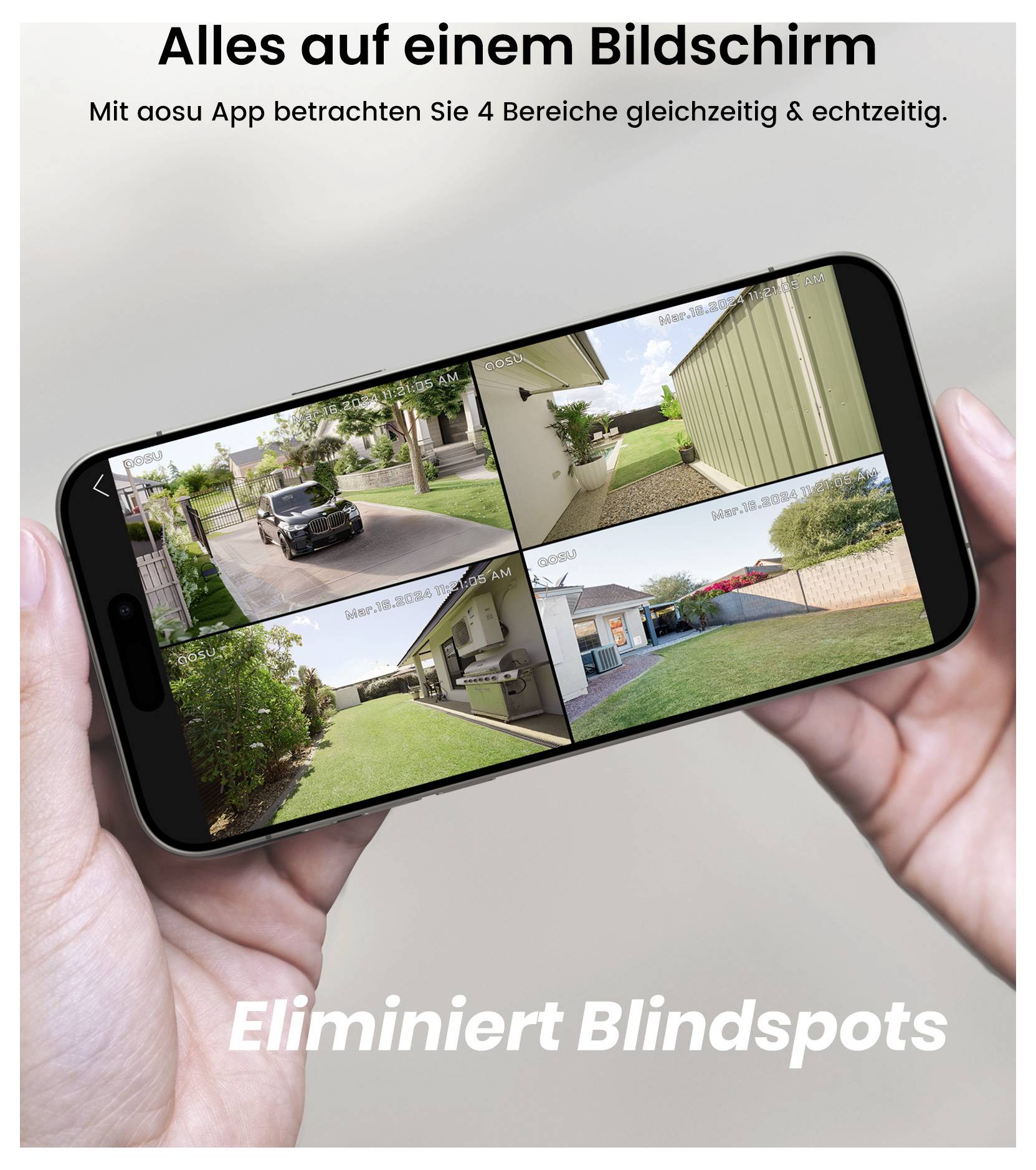 Eine Hand hält ein Smartphone, das vier Kameraansichten zeigt. Text: Alles auf einem Bildschirm - Eliminiert tote Winkel.