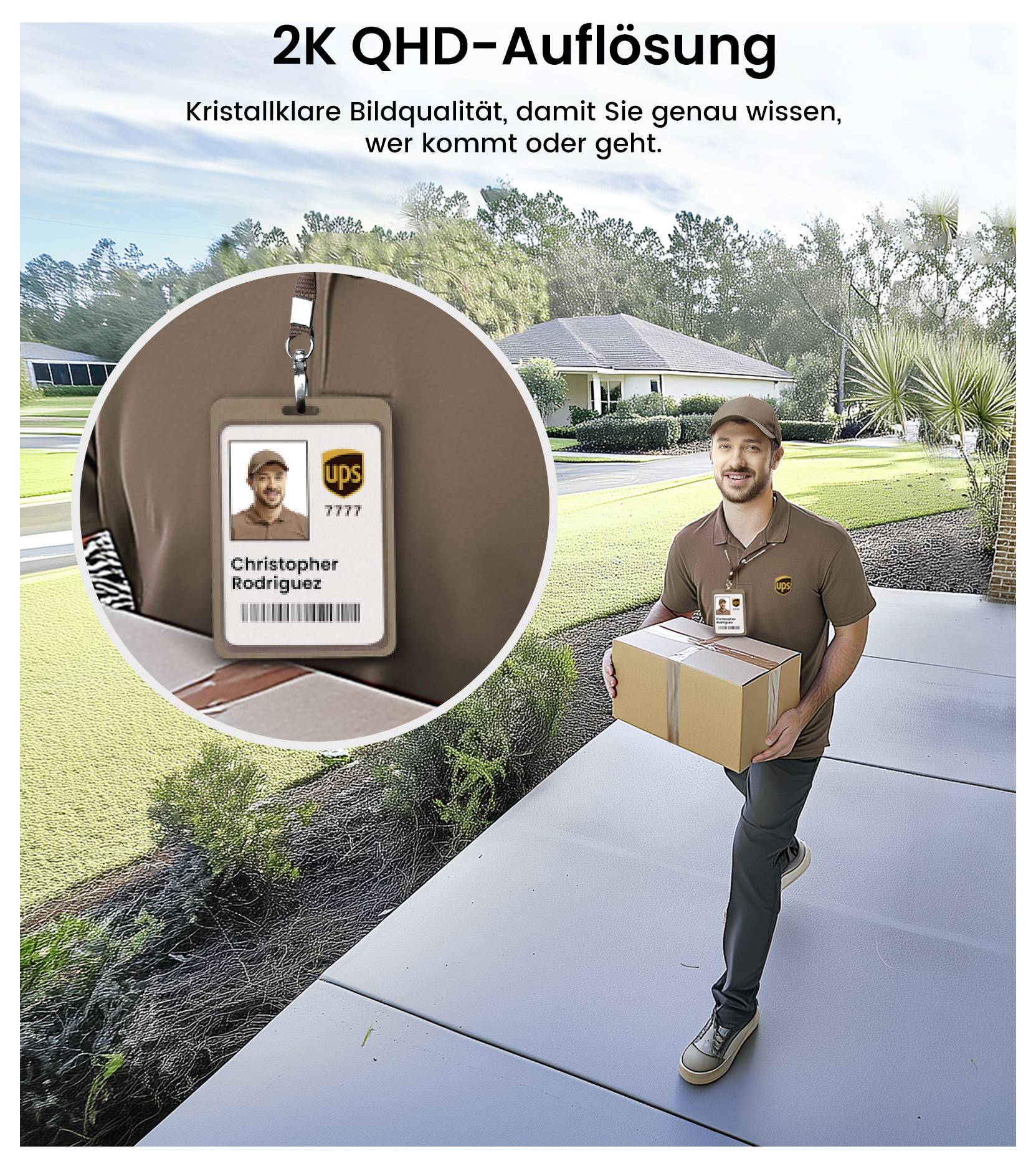 Ein Lieferbote in brauner Uniform, der ein Paket trägt, nähert sich einem Haus. Der Text lautet: '2K QHD-Auflösung'
