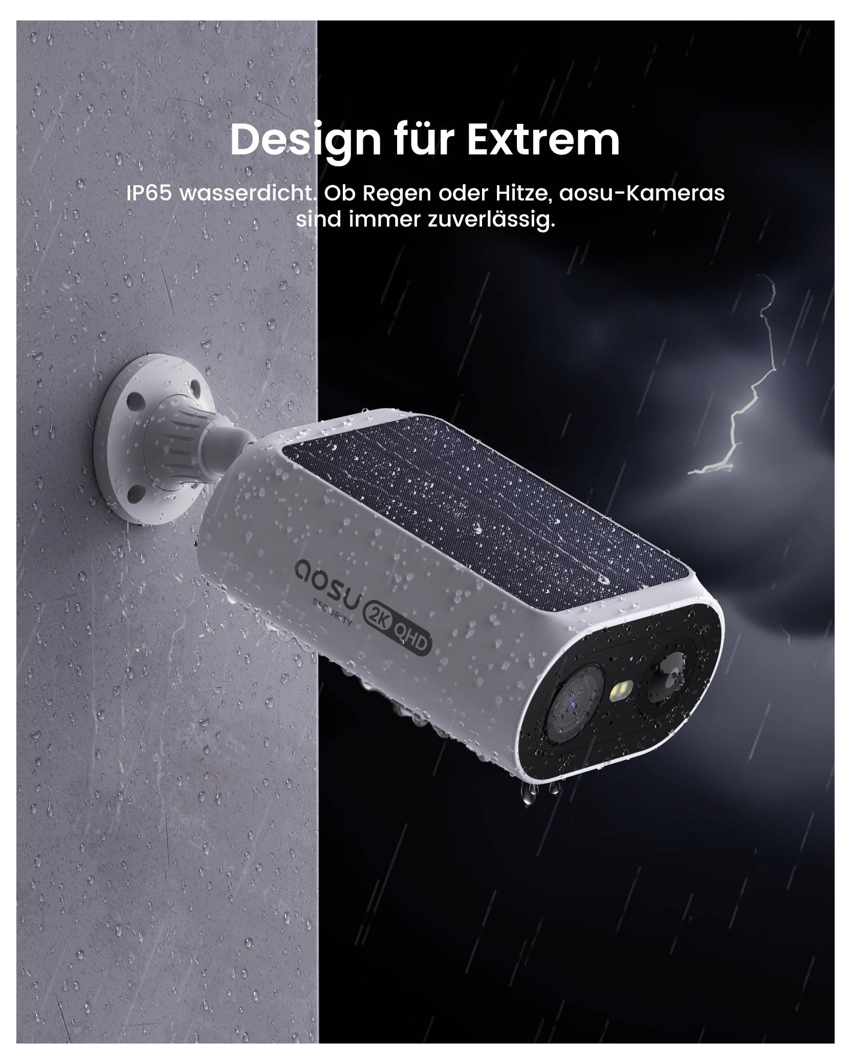 Eine wetterfeste Sicherheitskamera, die an einer Wand bei Regen montiert ist, mit Text, der ihre Zuverlässigkeit unter rauen Wetterbedingungen wie Regen und Hitze betont.