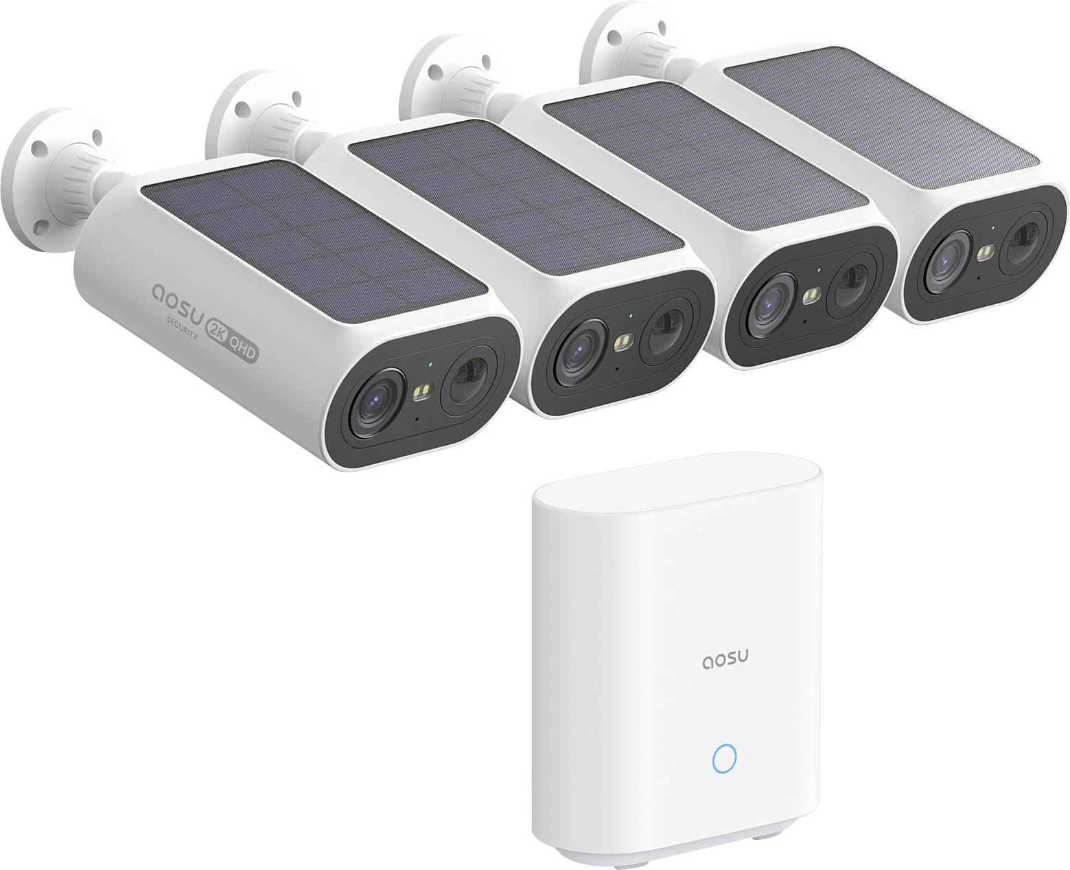 Vier solarbetriebene Sicherheitskameras und eine Basisstation. Jede Kamera verfügt über ein Objektiv, eine LED-Leuchte und Solarzellen auf der Oberseite. Die Basisstation ist weiß und kompakt.