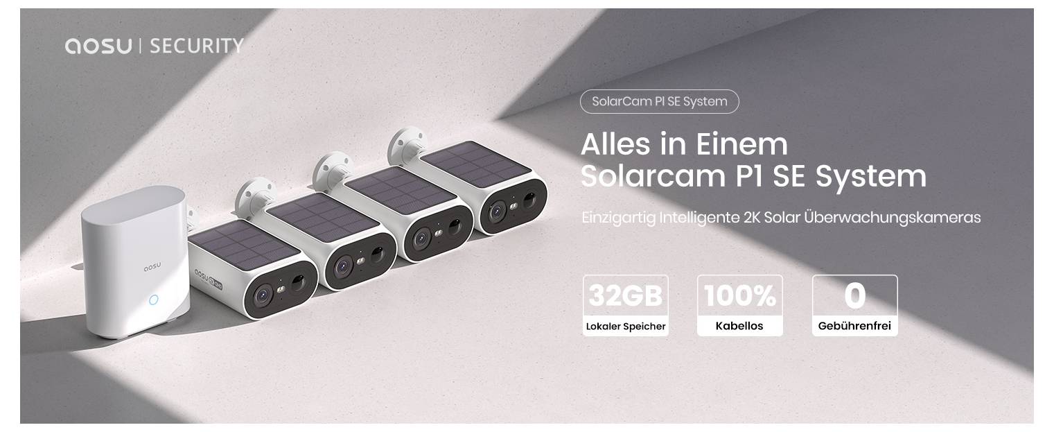 Alles-in-Einem Solarcam P1 SE System mit vier solarbetriebenen Kameras und einem weißen Gerät. Merkmale: 32 GB Speicher, 100% kabellos.