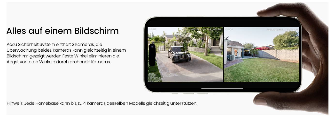 Eine Person hält ein Smartphone, auf dem zwei Sicherheitskameraaufnahmen eines Hauses zu sehen sind. Der begleitende Text behandelt Sicherheitssysteme mit Doppelkamera.