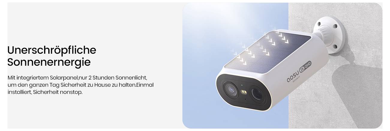 Eine Sicherheitskamera mit Solarpanel, montiert an einer Wand, mit Text, der die nachhaltige Solarenergie als ihre Energiequelle hervorhebt.
