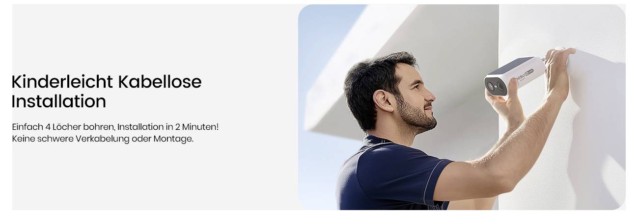 Ein Mann, der eine drahtlose Sicherheitskamera an einer weißen Wand installiert, wobei der Installationsprozess in umgebendem Text als einfach beschrieben wird.