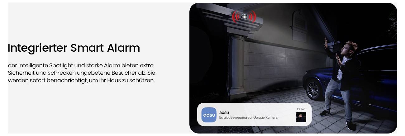 Eine Person zeigt auf einen bewegungsaktiven Smart-Alarm, der eine Auffahrt ausleuchtet und eine Benachrichtigung über eine von einer Kamera erkannte Bewegung anzeigt.