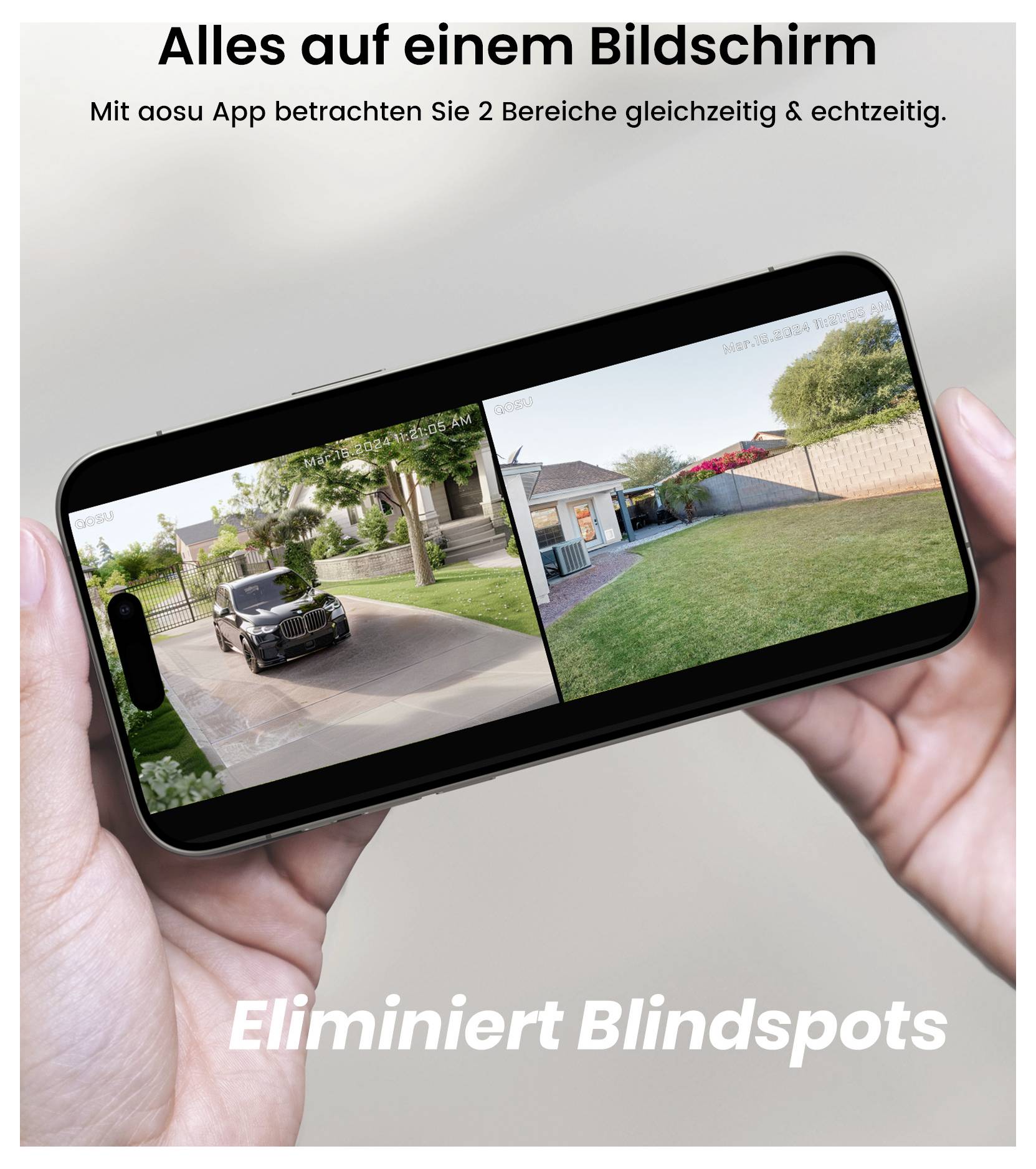 Eine Person hält ein Smartphone, auf dem eine Sicherheits-App mit geteiltem Bildschirm zwei Überwachungskameraansichten von einem Haus und der Einfahrt zeigt.