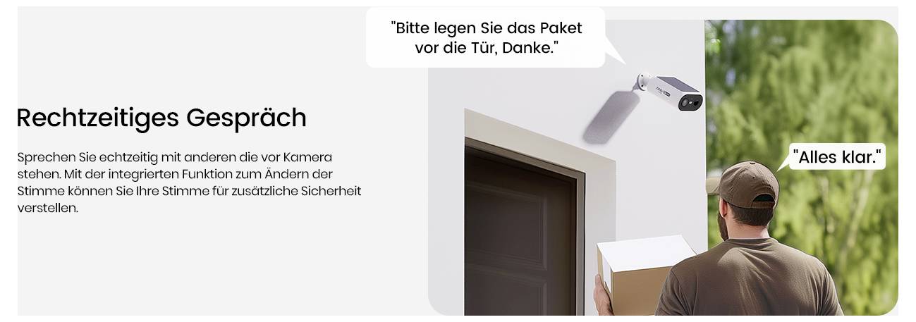 Eine Person mit einem Paket steht an einer Tür. Eine Kamera darüber hat eine Sprechblase: „Bitte legen Sie das Paket vor die Tür, Danke.