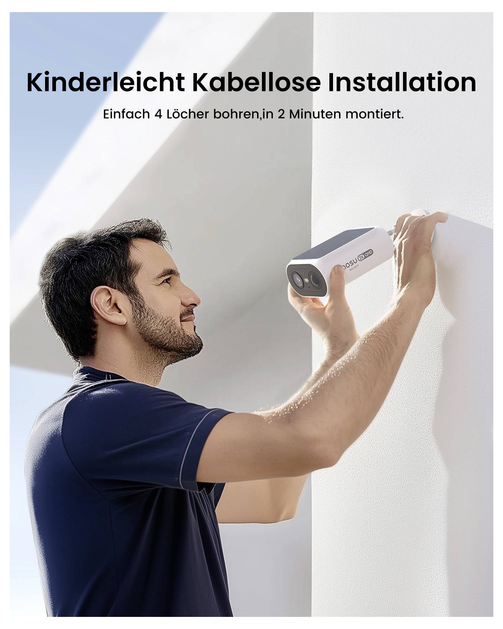 Eine Person montiert eine Sicherheitskamera an einer Wand. Der deutsche Text bewirbt eine einfache drahtlose Installation.