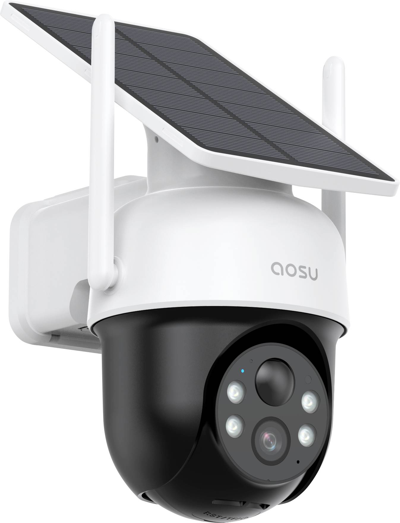 Outdoor-Sicherheitskamera mit einem Solarpanel auf der Oberseite, ausgestattet mit mehreren Objektiven und Infrarotlichtern. Montierte Konstruktion für Überwachungszwecke.