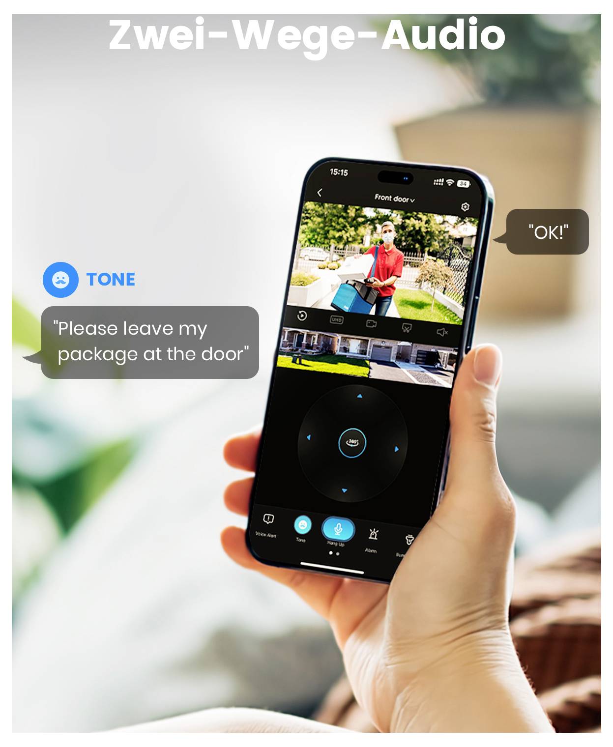 Eine Hand hält ein Smartphone, auf dem eine Schnittstelle einer Videotürklingel zu sehen ist. Es zeigt eine Person an der Tür und Nachrichten im Zwei-Wege-Audio: „Bitte stellen Sie mein Paket vor die Tür