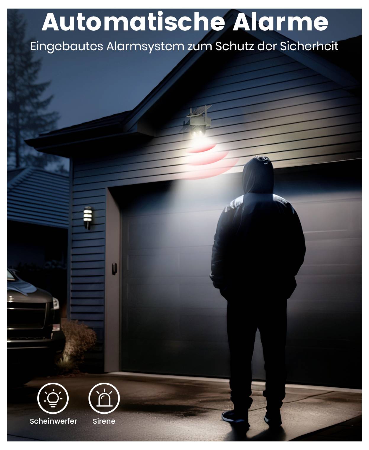 Eine Person in einem Hoodie steht nachts außerhalb einer Garage unter einem Sicherheitslicht. Der Text liest sich 'Automatische Alarme' und 'Eingebautes Alarmsystem zum Schutz der Sicherheit'.