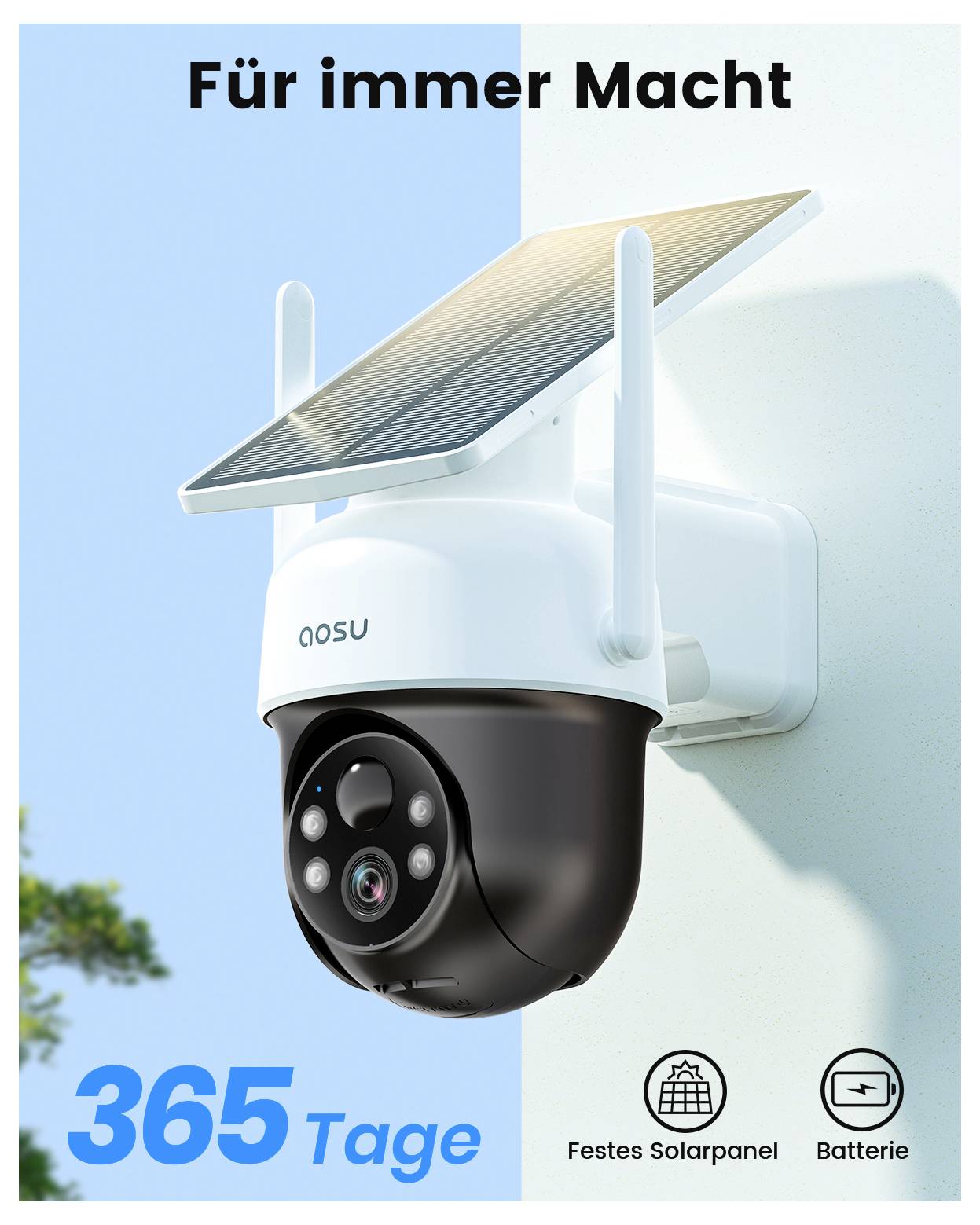 'AOSU' Solar-Überwachungskamera mit Akku an Wand, mit Text 'Für immer Macht' und '365 Tage'. Icons zeigen Solarpanel und Batterie.