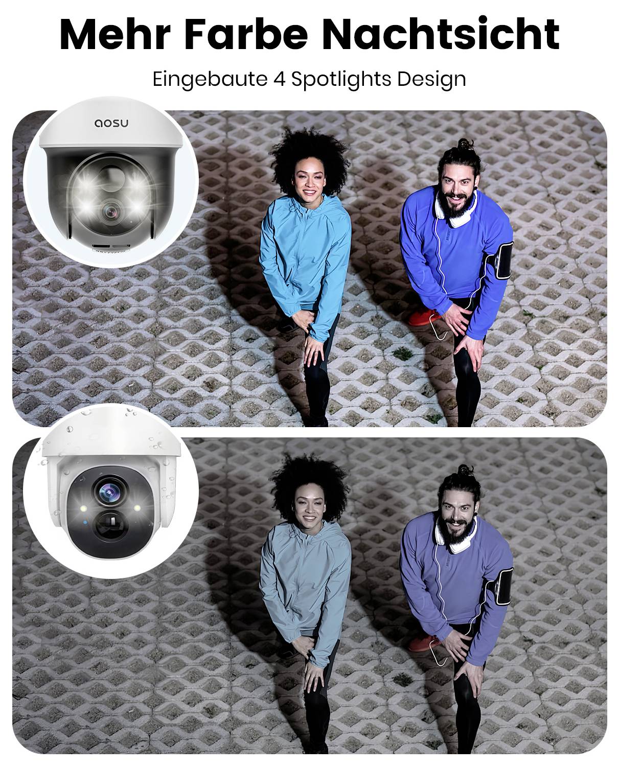 'Mehr Farbe Nachtsicht. Eingebaute 4 Spotlights Design.' Zwei Personen joggen nachts, beleuchtet von Scheinwerfern. Sicherheitskameras sind zu sehen.