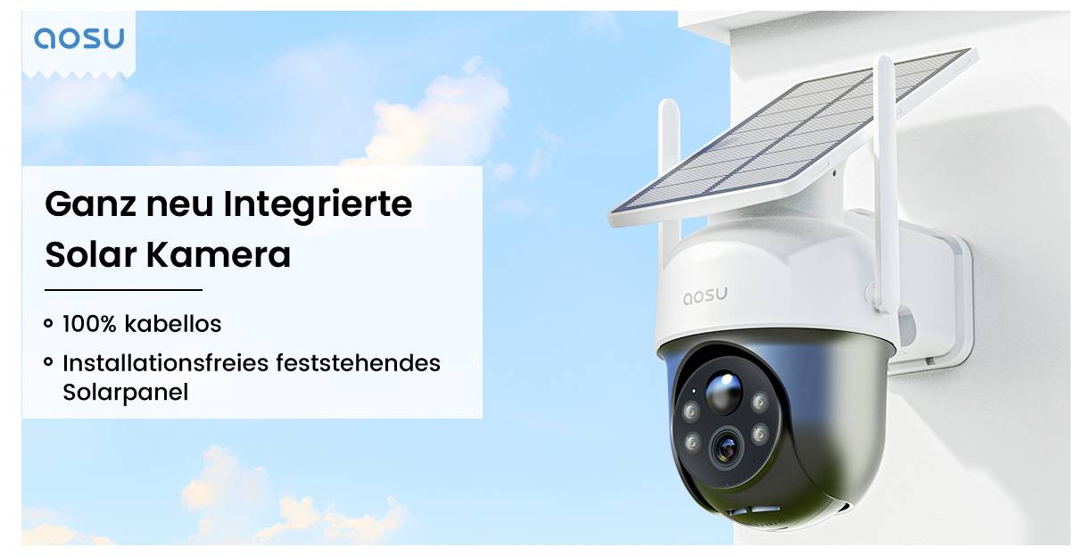 Eine solarbetriebene Sicherheitskamera mit einem Panel an der Oberseite ist an einer Wand montiert. Der Text hebt ihr vollständig kabellose Feature hervor.