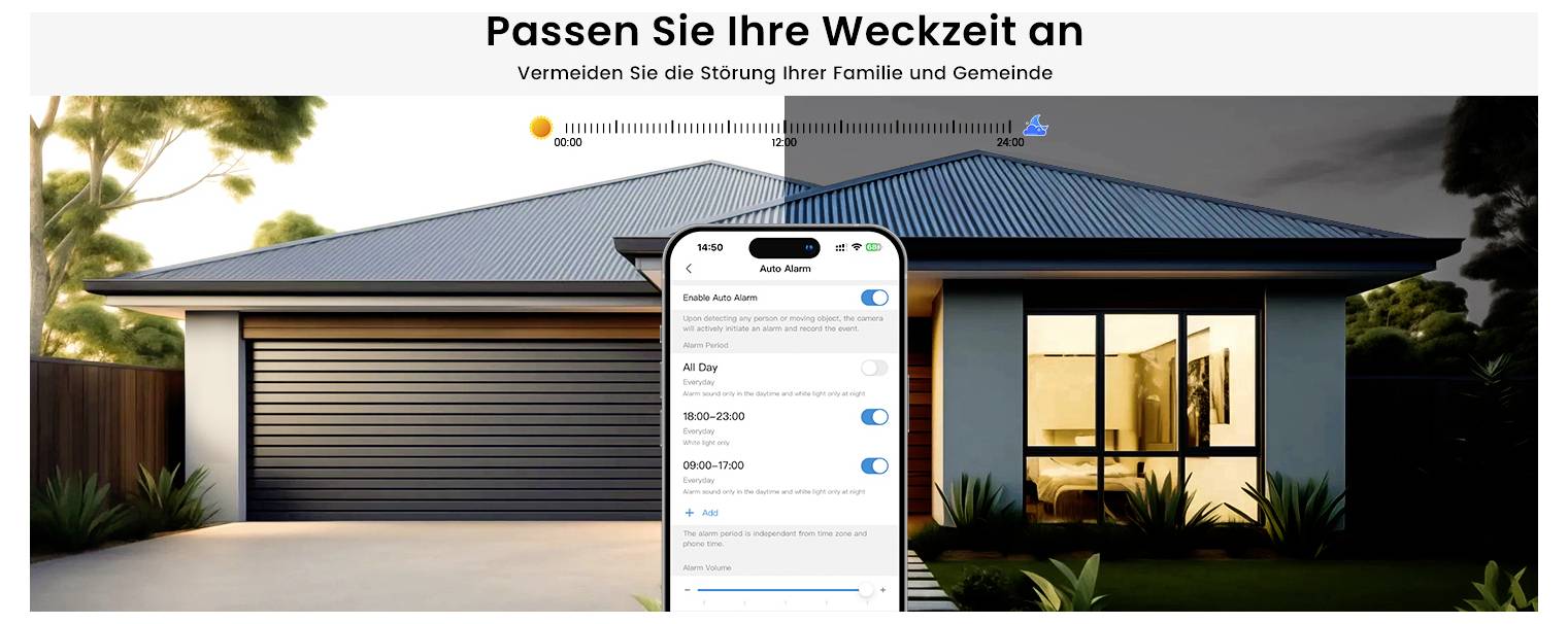 Ein Haus mit zwei Garagentoren bei Sonnenaufgang. Ein Smartphonebildschirm zeigt Alarmeinstellungen, um Nachbarn nicht zu stören. Text: 'Passen Sie Ihre Weckzeit an'.