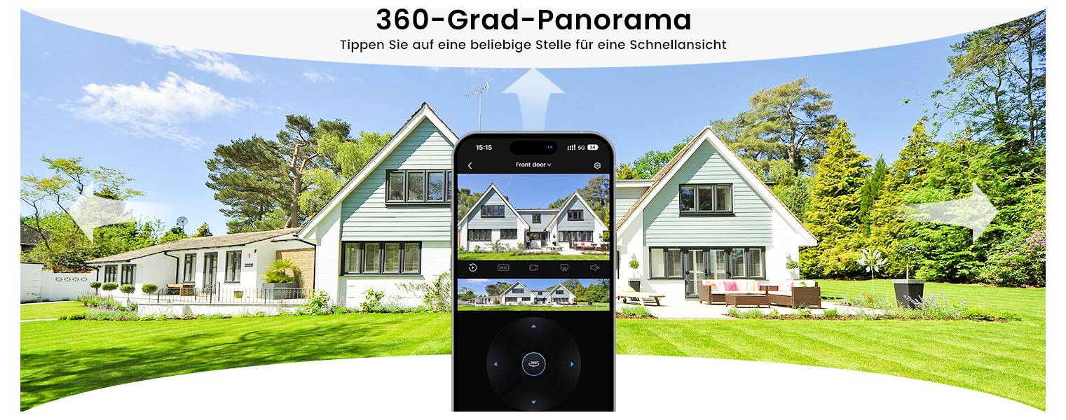 360-Grad-Panorama-Häuser mit Bäumen unter blauem Himmel. Smartphone-Oberfläche zeigt Panoramaansicht und ermöglicht Interaktion für schnellen Perspektivenwechsel.