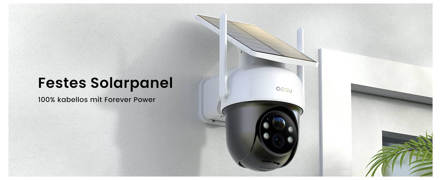 Eine Sicherheitskamera mit einem SolarPanel, das an einer Außenwand neben einer Tür montiert ist, mit dem Text 'Festes Solarpanel, 100% kabellos mit Forever Power'.