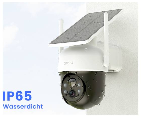 Eine Sicherheitskamera, die an einer Wand montiert ist, mit einem angebrachten Solarpanel. Der Text 'IP65 Wasserdicht' zeigt, dass sie wasserdicht ist.