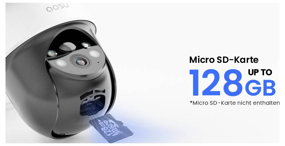 Eine Sicherheitskamera mit einem Steckplatz für eine Micro-SD-Karte. Text lautet 'Micro-SD-Karte BIS ZU 128 GB' und '*Micro-SD-Karte nicht im Lieferumfang enthalten'.
