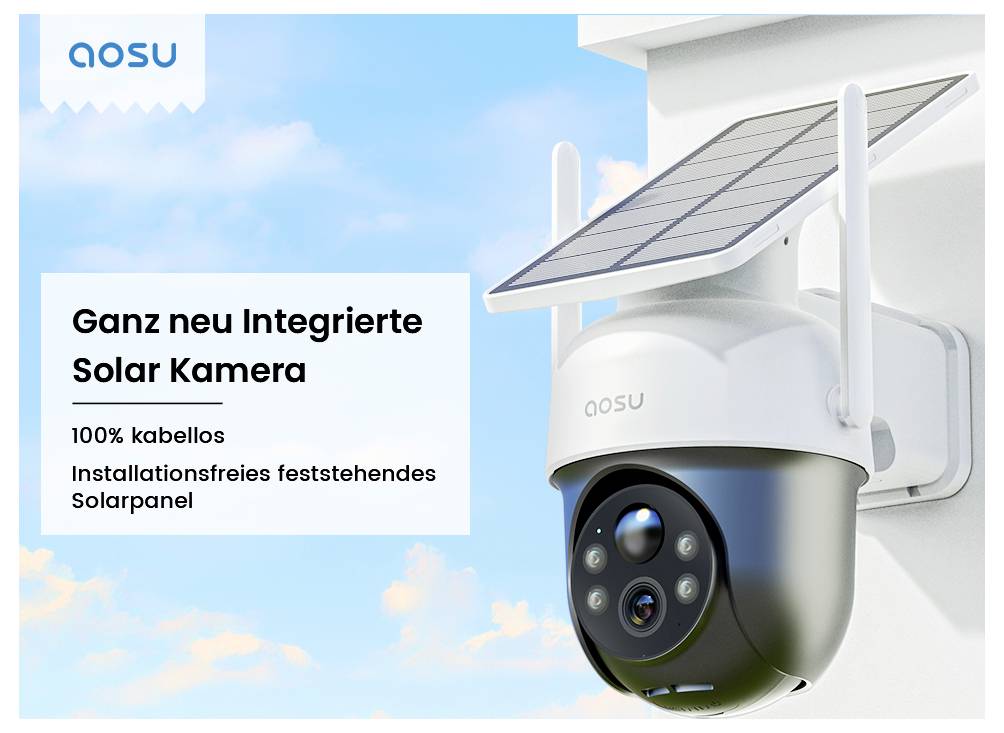 Eine solarbetriebene Sicherheitskamera mit zwei Antennen und einem Solarpanel auf der Oberseite ist an einer Wand montiert. Text auf Deutsch hebt ihre Eigenschaften hervor.