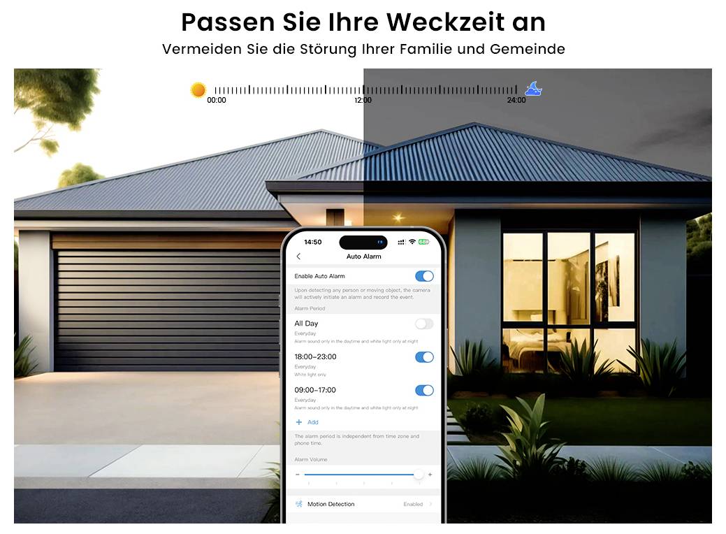 'Passen Sie Ihre Weckzeit an. Vermeiden Sie die Störung Ihrer Familie und Gemeinde.' Smartphone-Schnittstelle zur Anpassung des Weckers, geteilter Haushalt zwischen Tag und Nacht.