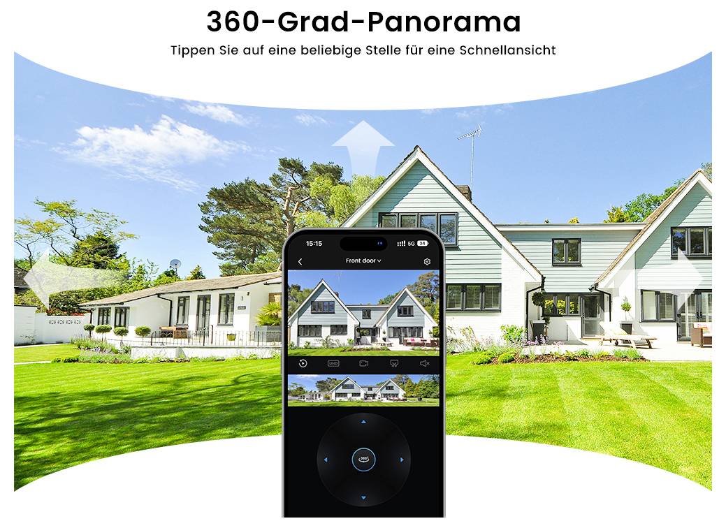 '360-Grad-Panorama'-Funktion mit einer gekrümmten Anzeige eines Wohngebiets und einer Telefon-Benutzeroberfläche zur Kamerasteuerung und -auswahl unterhalb des Panoramas.