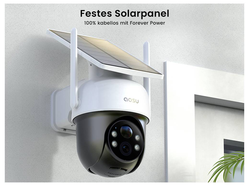 Solargetriebene Sicherheitskamera an Wand montiert, mit verstellbarem Solarpanel. Text: Festes Solarpanel; 100% kabellos mit Forever Power.