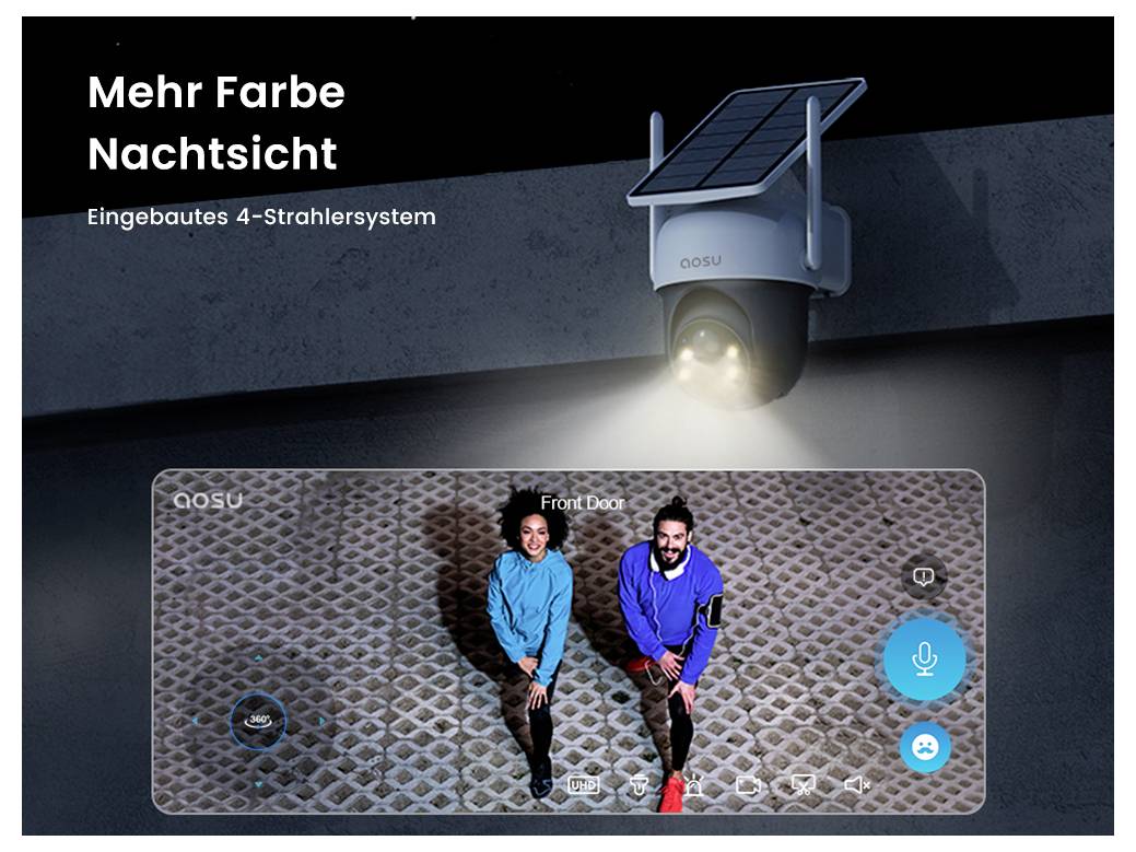 Eine solarbetriebene Sicherheitskamera erfasst Nachtaufnahmen, die zwei Personen zeigen, die sich auf einer gemusterten Oberfläche bewegen, und unterstreicht dabei die verbesserte Nachtsicht.