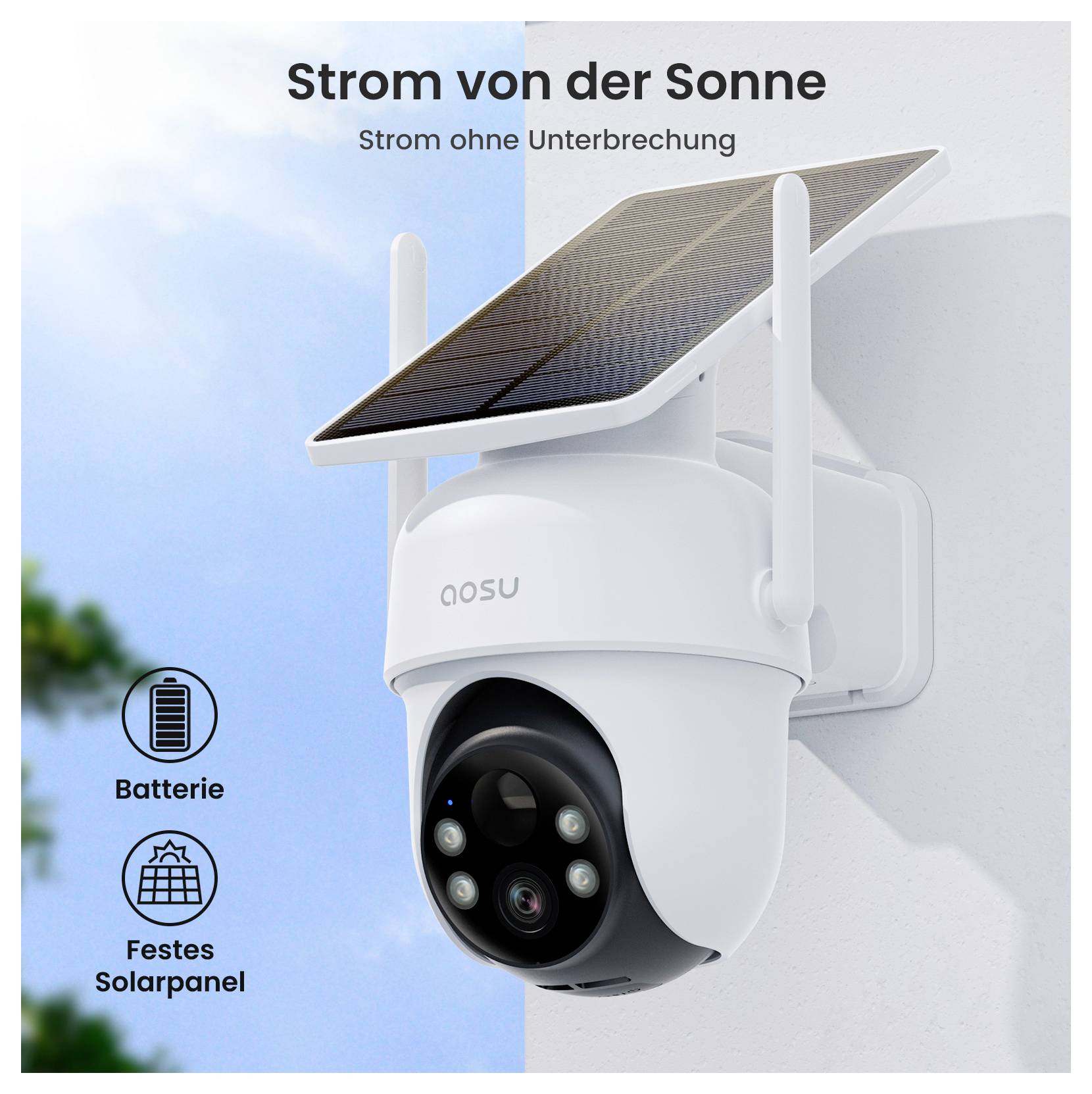 Eine weiße Sicherheitskamera mit einem auf der Oberseite montierten Solarpanel, beschriftet mit 