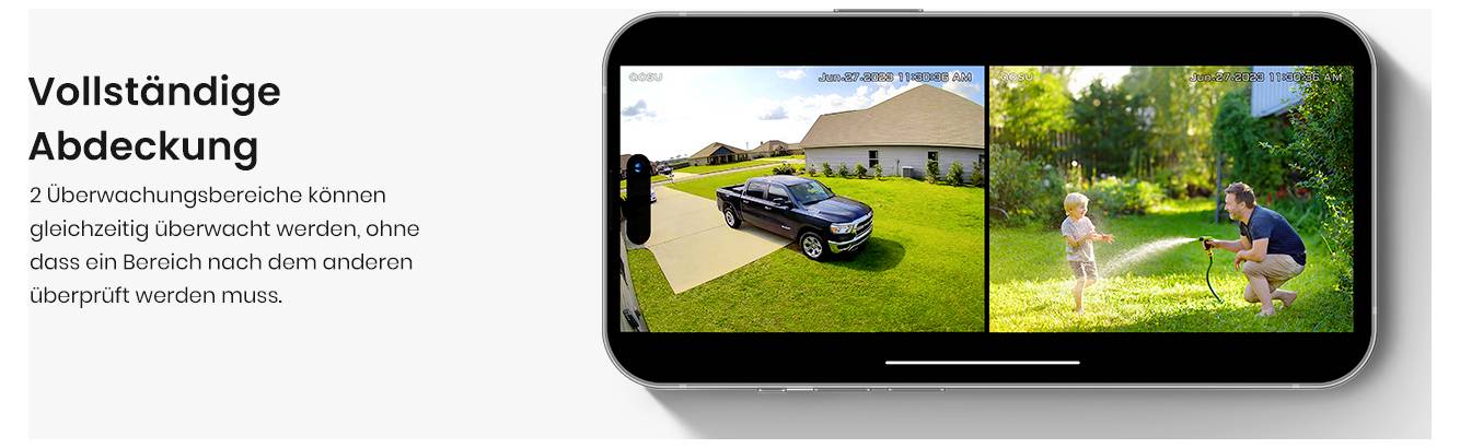 Smartphone-Bildschirm mit geteilter Sicherheitsaufnahme: links eine geparkte Fahrzeug in der Nähe eines Hauses; rechts ein Erwachsener, der einen Rasen bewässert, während ein Kind spielt. Text auf Deutsch links.