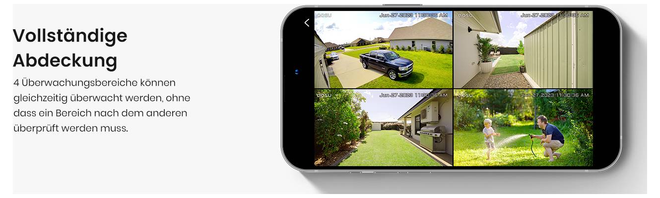 Ein Smartphone-Bildschirm zeigt vier Überwachungskamera-Aufnahmen der Außenseite eines Hauses, die eine Auffahrt, einen Hinterhof, einen Seitenweg und einen Garten darstellen.