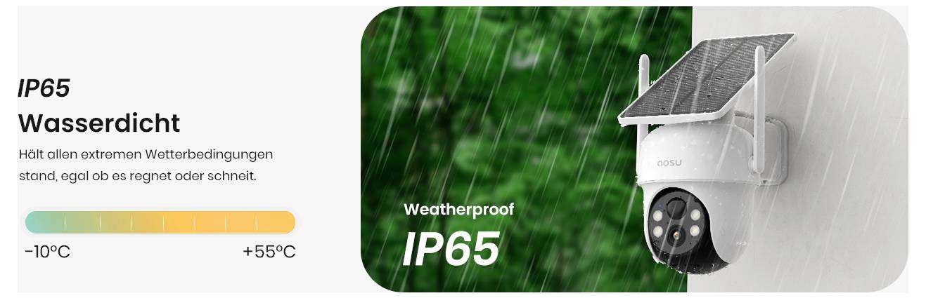 IP65 wasserdichte Kamera mit Solarpanel im Regen, betriebsbereit von -10°C bis +55°C, geeignet für alle Wetterbedingungen.