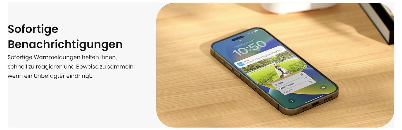 Ein Smartphone auf einem Holztisch zeigt eine Benachrichtigung über Eindringlingserfassung. Der deutsche Text links hebt sofortige Warnungen für die Sicherheit hervor.